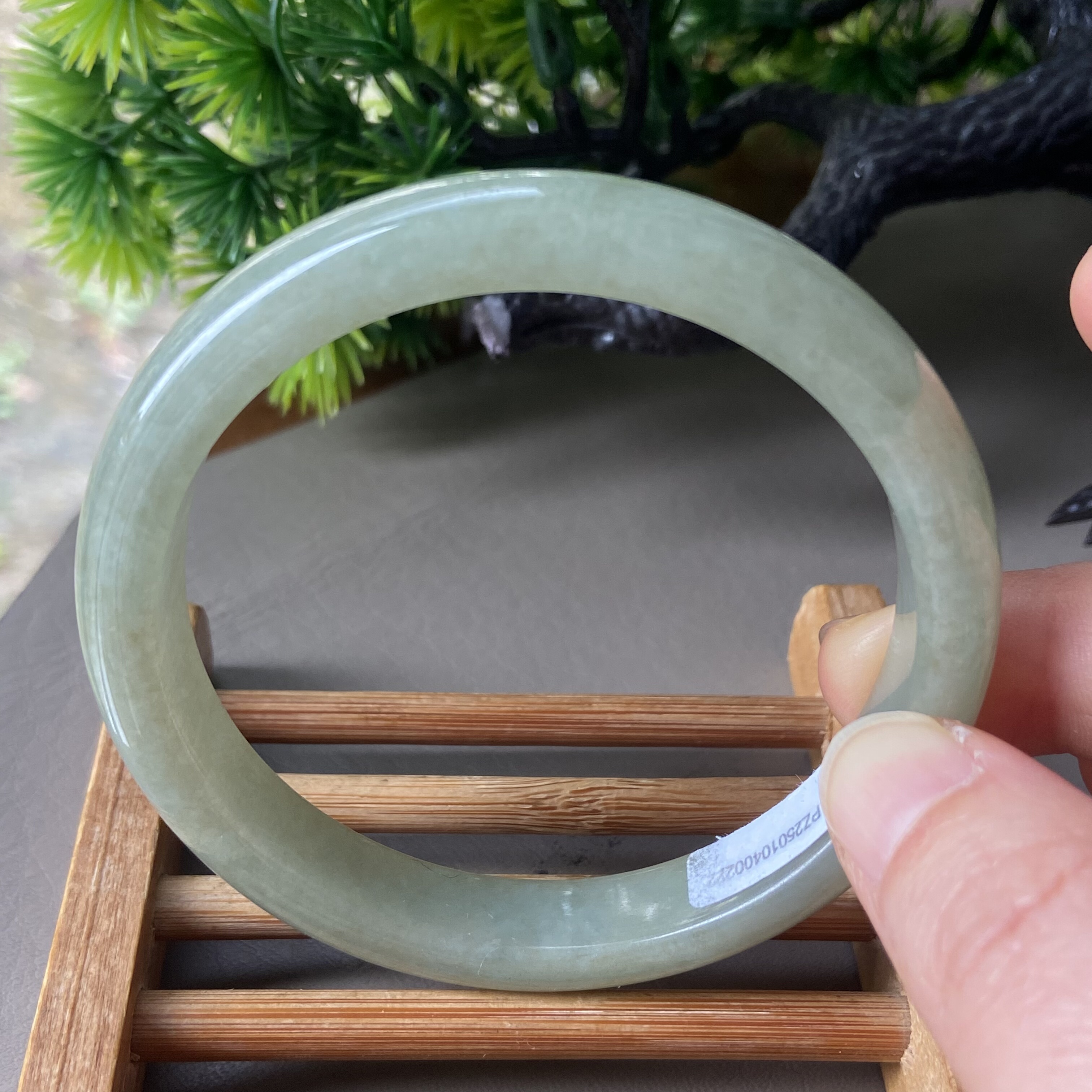 天然缅甸翡翠手镯59冰糯种浅绿油青细条老坑a货玉镯子60带证0222