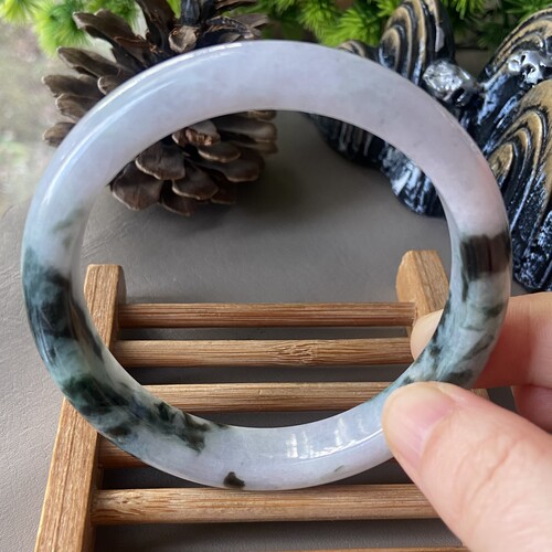 天然缅甸翡翠手镯63冰糯种飘蓝花淡紫玉镯子老坑a货0291带证书