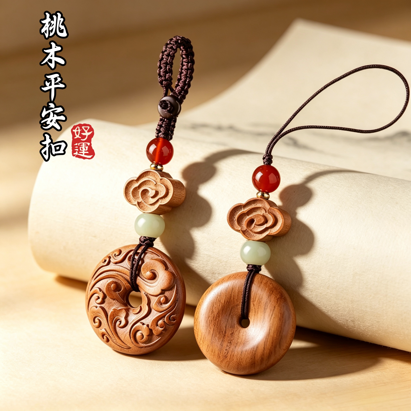 桃木平安扣挂件汽车钥匙扣包包挂饰精致手机链小礼物木质雕刻饰品