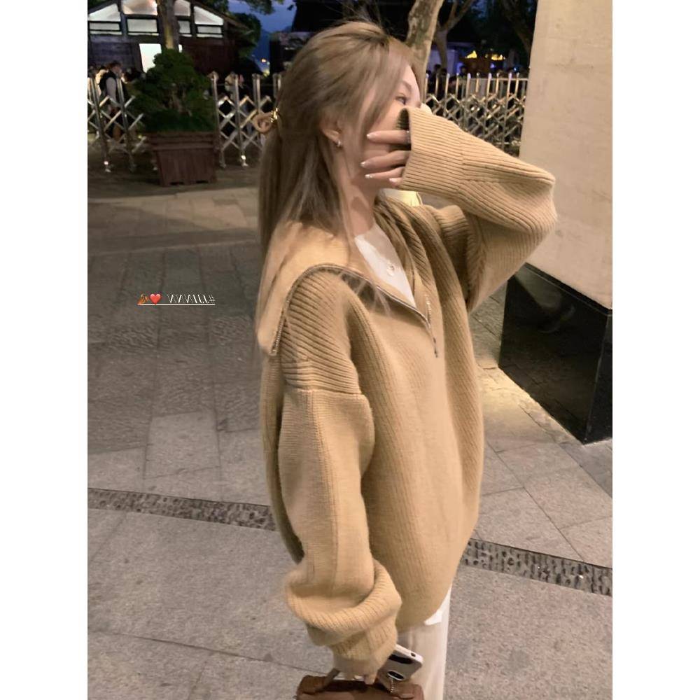拉炼大翻领慵懒风毛衣女秋冬季外穿休闲百搭韩版宽松加厚保暖上衣