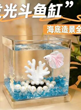 方形圆形发光鱼缸客厅小型底座造景生态玻璃缸创意桌面斗鱼金鱼缸