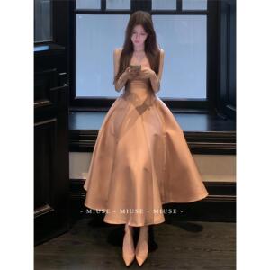 吊带连衣裙女高级感名媛千金生日小礼服大裙摆缎面长裙收腰公主裙