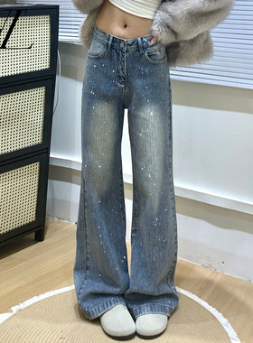 复古蓝细烫钻阔腿牛仔裤女2026早春新款宽松垂感显瘦爆闪拖地裤子
