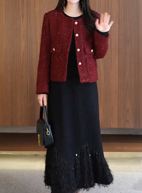 大码女装复古减龄黑色连衣裙女秋冬法式长裙新年战袍赫本风小黑裙