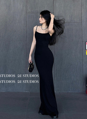 卡戴珊同款夏季收腰性感辣妹修身显瘦包臀黑色吊带连衣裙女长裙子