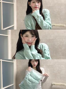 韩系多巴胺薄荷绿麻花圆领毛衣外套女冬季加厚宽松慵懒高级感上衣