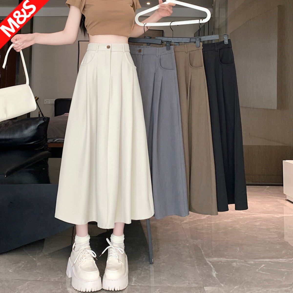 米白色西装半身裙女杏色伞裙2025夏季新款显瘦遮胯百褶A字裙长裙