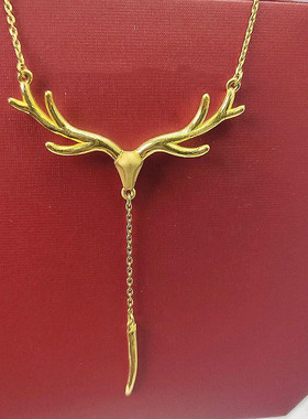 一鹿有你项链女纯银镀黄金色鹿头套链长款流苏锁骨链个性设计百搭