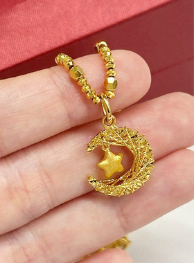 爆闪星月织梦项链 女纯银镀18K黄金色月亮星星蹦迪珠锁骨链高级潮