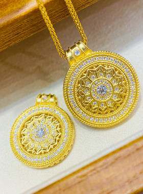 玫瑰花窗吊坠项链 女纯银镀黄金色点钻圆盘挂坠锁骨链毛衣链古法