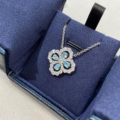 四叶草项链女纯银白金海蓝宝仿真钻石loop锁骨链气质名媛高级感