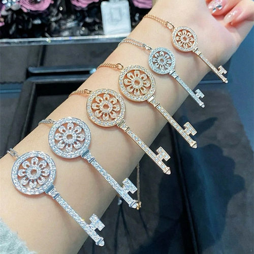 太阳花钥匙项链女纯银镀黄金色玫瑰金满钻锁骨链长款毛衣链秋冬潮