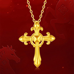马年生肖权杖马蹄扣项链 女纯银镀18K黄金色鸢尾花十字架锁骨链潮