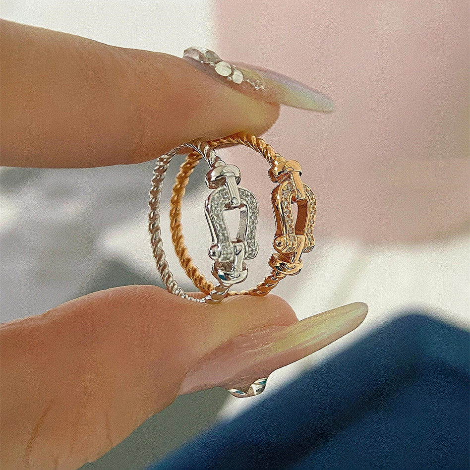 F.D马蹄扣戒指 女纯银玫瑰金带钻小号扭纹编织麻花食指戒高级礼物