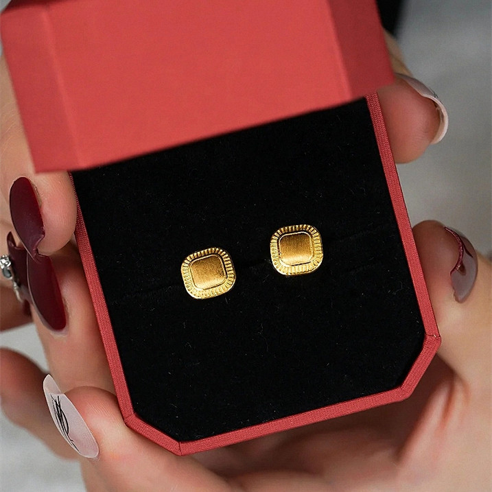 流金岁月小面包耳钉女纯银镀黄金色方形耳环耳饰复古经典高级简约