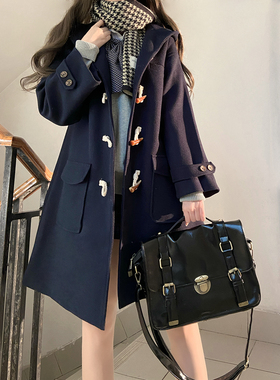 【揽月岛JK】学院风校供牛角扣大衣女藏青色秋冬季日系毛呢外套
