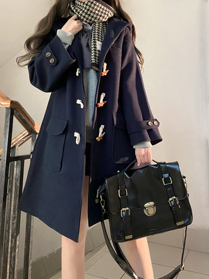 【揽月岛JK】学院风校供牛角扣大衣女藏青色秋冬季日系毛呢外套