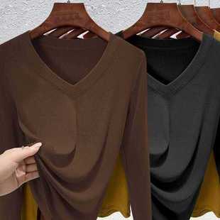 女装 T恤洋气新款 300斤胖妹妹v领打底衫 宽松长袖 上衣 螺纹薄款 大码