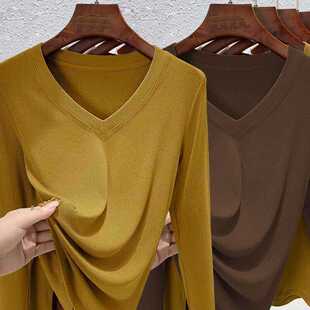 女装 T恤洋气新款 胖妹妹v领打底衫 宽松长袖 上衣 螺纹薄款 300斤大码