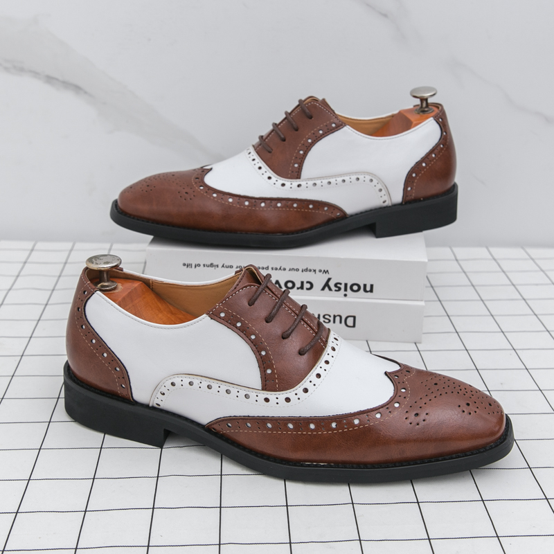 英伦皮鞋男士春秋季拼色白棕商务休闲单鞋布洛克雕花复古正装男鞋