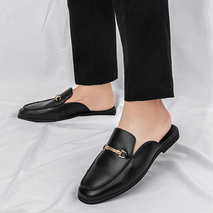 透气休闲懒人鞋 夏季 外穿豆豆鞋 金属装 男士 饰黑色小皮鞋 包头半拖鞋