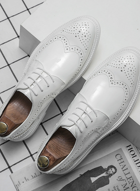 夏季白色布洛克雕花休闲皮鞋男增高英伦正装尖头发型师潮厚底男鞋