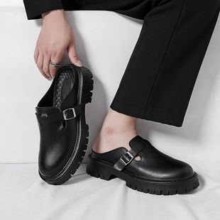 小众厚底增高穆勒鞋黑色男生一脚蹬休闲皮鞋潮男士室外包头半拖鞋