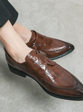 英伦商务孟克鞋男鳄鱼纹正装搭扣韩版尖头皮鞋男潮流透气休闲皮鞋