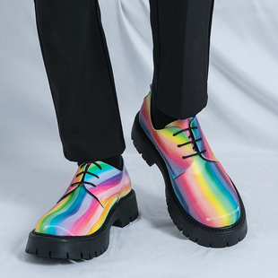 时尚小众彩虹色男鞋厚底内增高英伦韩版夜店舞台走秀鞋发型师皮鞋
