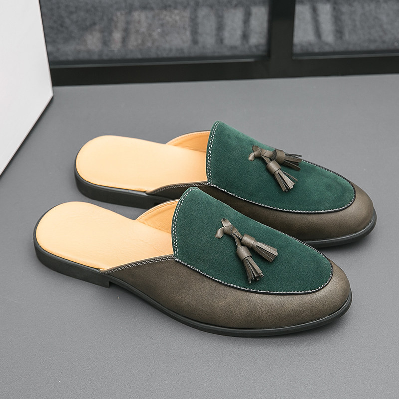 包头半拖鞋男士夏季潮流尖头休闲皮鞋无后跟懒人一脚蹬流苏豆豆鞋,流行男鞋,包头拖,淘宝优惠券,粉丝福利购,淘宝优惠卷
