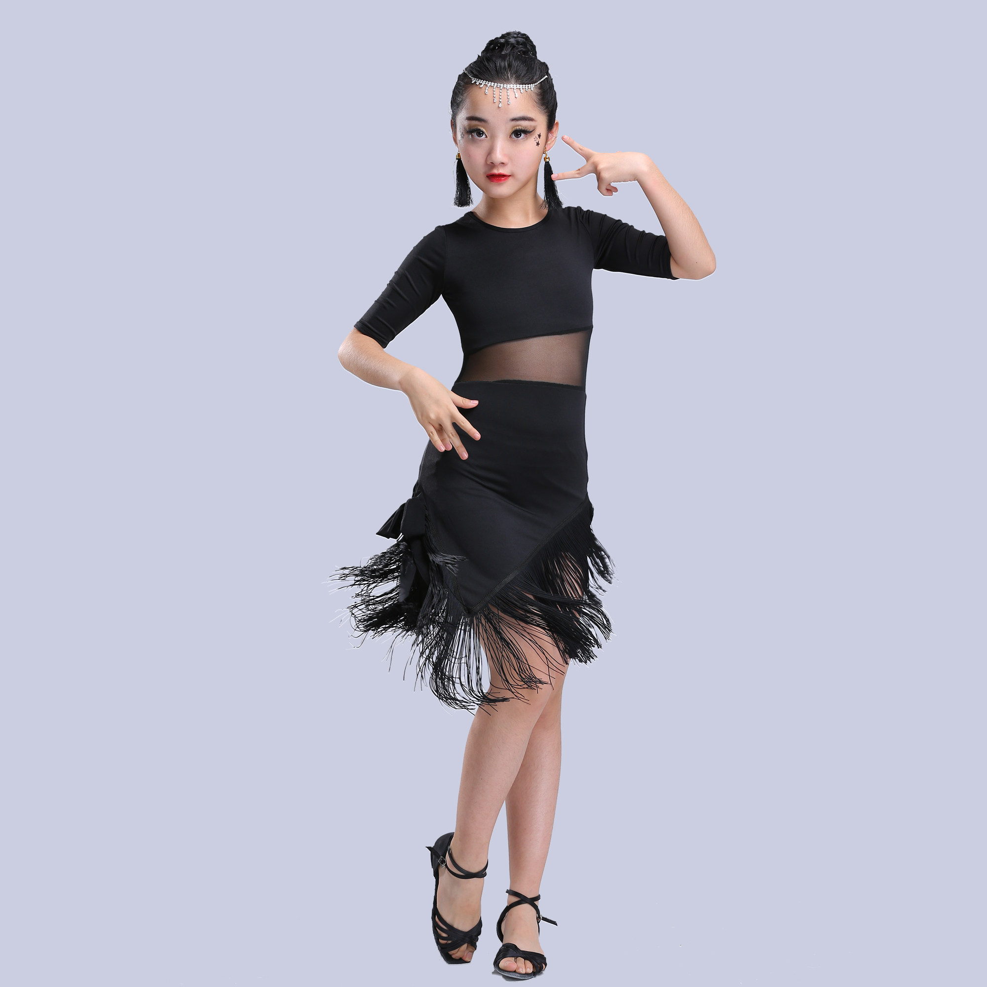 夏季儿童拉丁舞裙女童练功比赛演出服中大童女孩流苏裙舞蹈服短袖