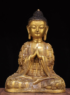 纯铜鎏金佛像万佛释迦双手合十密宗佛堂藏传释迦摩尼三宝佛家居供