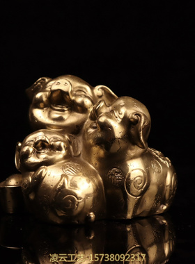 纯铜猪 纯铜一家小猪摆件 铜雕茶宠 工艺品铜器小摆件