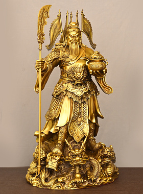 九龙关公摆件纯铜武财神立刀托宝关二爷佛像令旗关羽大号公司开业