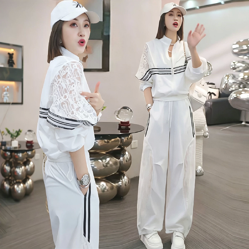 新款时尚蕾丝拼接运动套装女春夏季防晒服两件套阔腿裤休闲装显瘦