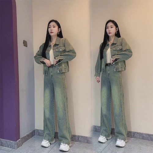 新款2026春秋女士时尚休闲套装牛仔外套阔腿裤两件套百搭显瘦洋气