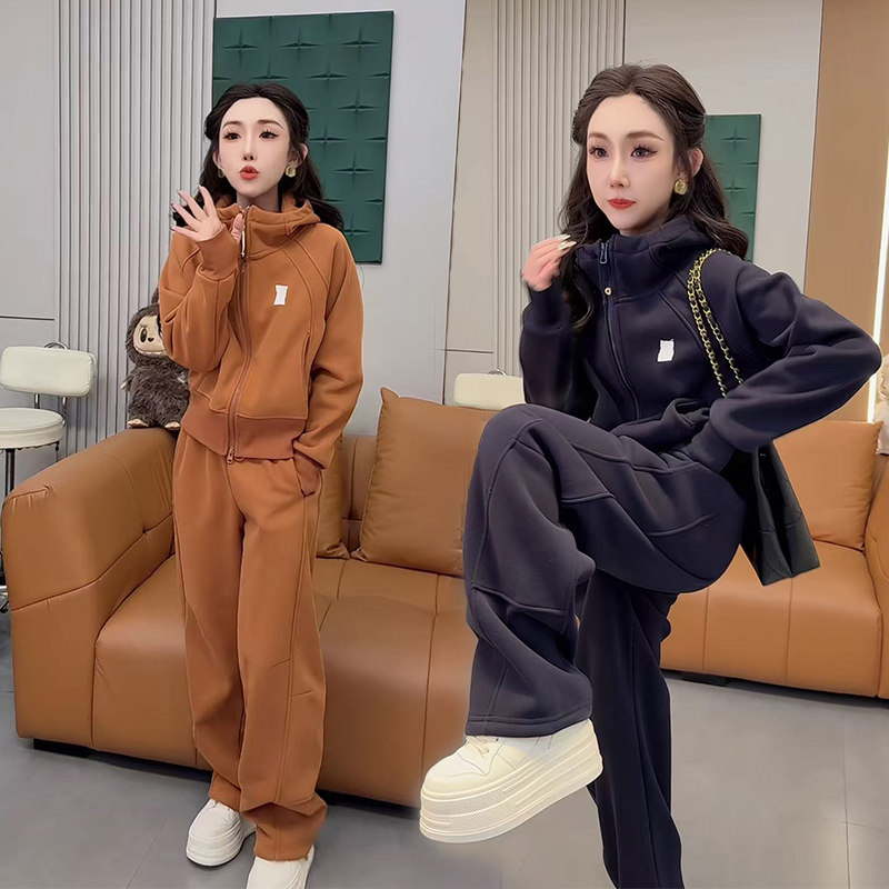 2026秋冬新款女士时尚休闲运动套装加绒加厚开衫连帽阔腿裤两件套