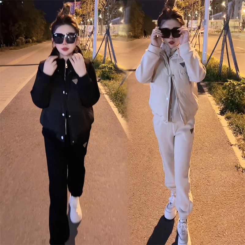 2026秋冬新款女士时尚休闲运动套装加绒加厚开衫连帽阔腿裤三件套