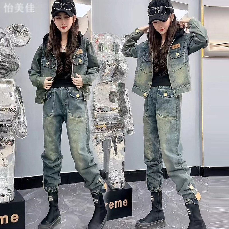 2025新款春秋女士时尚套装牛仔连帽开衫上衣长裤松紧腿两件套大码