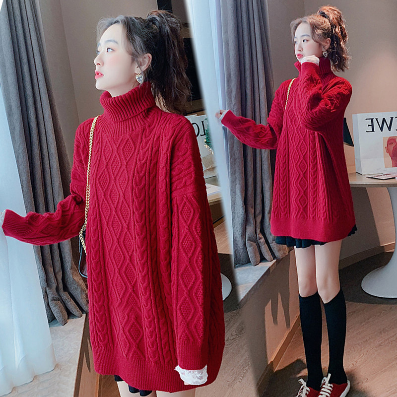 출산 정장 가을 겨울 2022 새로운 겨울 의류 여성용 대형 두꺼운 터틀넥 스웨터 중간 길이 바닥 셔츠 탑