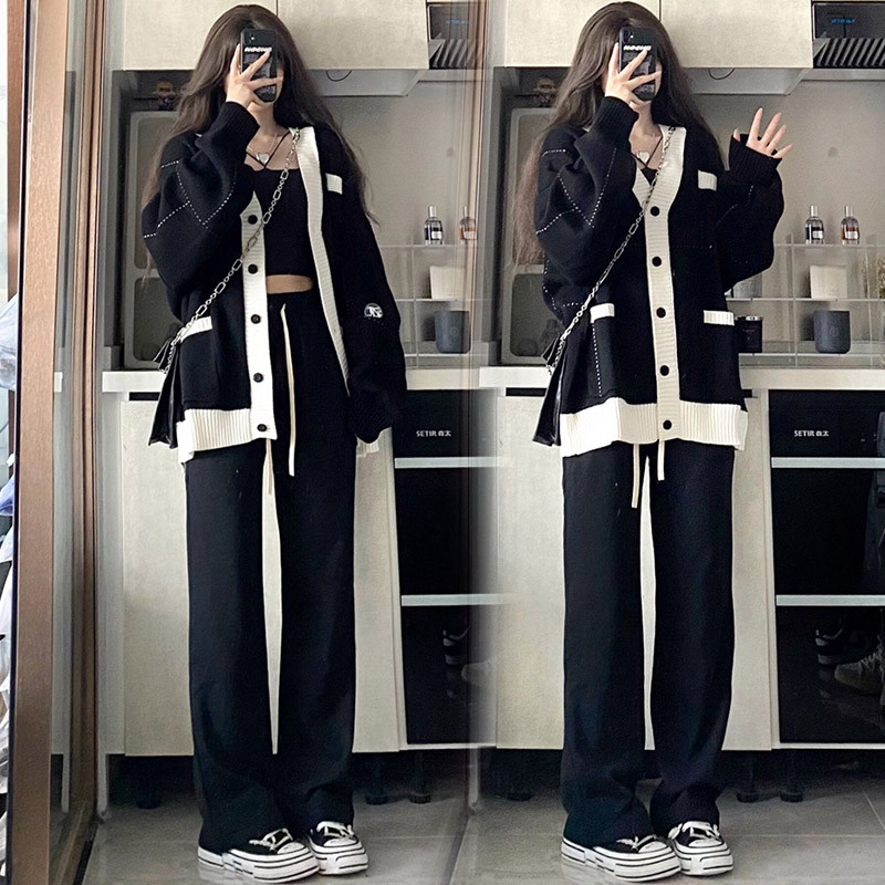 임부복 봄수트 봄 가을 니트 스웨터 가디건 여성용 스웨터 + 와이드 팬츠 투피스 세트 가을 겨울 자켓