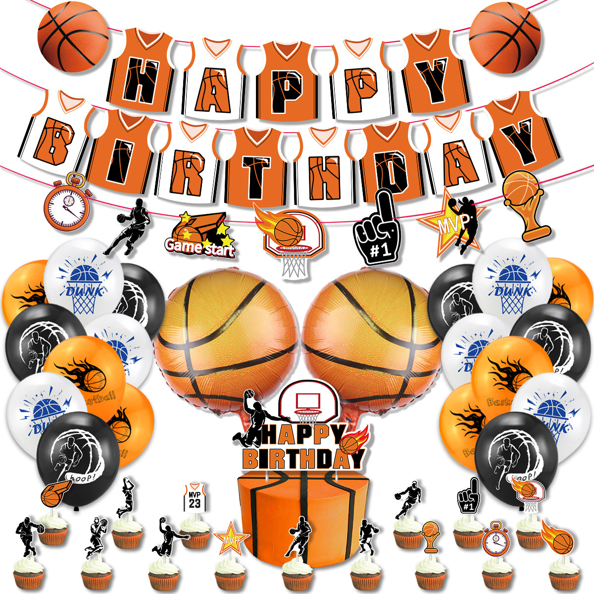 篮球主题生日派对NBA篮球服背景装饰套装拉旗蛋糕插牌卡通气球