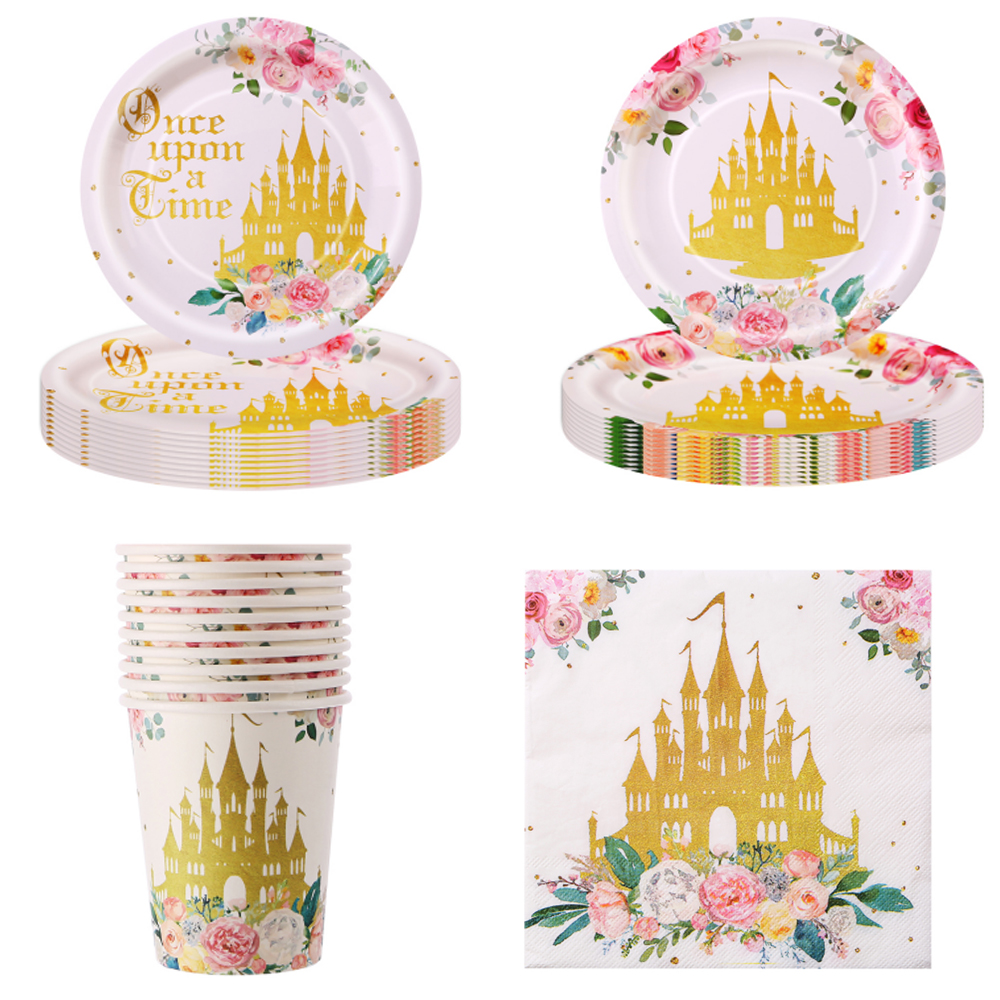 公主城堡粉色梦幻少女派对纸盘餐具一次性纸杯纸巾生日装饰布置品