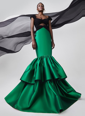 宴会晚礼服长款2025新款高端大气红毯走秀主持人年会连衣裙黑绿色