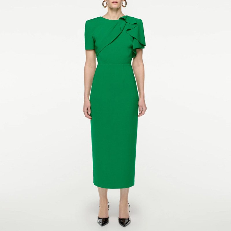 晚礼服短袖绿色中长裙2025新款气质妈妈宴会派对主持小礼服连衣裙