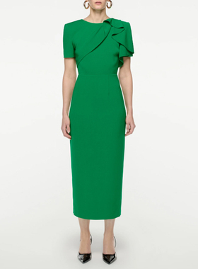 晚礼服短袖绿色中长裙2025新款气质妈妈宴会派对主持小礼服连衣裙