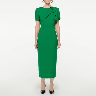 晚礼服短袖绿色中长裙2025新款气质妈妈宴会派对主持小礼服连衣裙