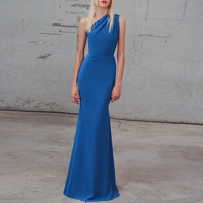 蓝色晚礼服斜单肩鱼尾长裙2025新款高级质感酒会派对连衣裙年会春