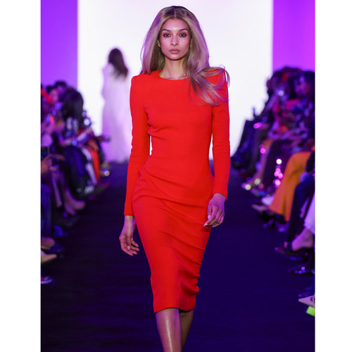 高级质感长袖中长款红色小礼服裙