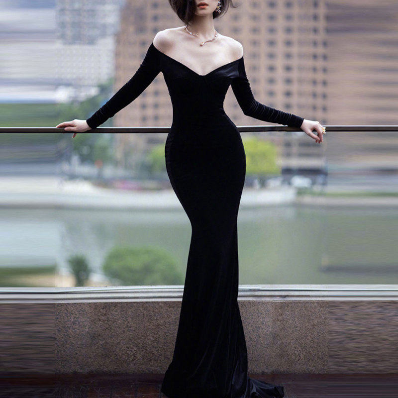 一字肩晚礼服长款2025新款高端气场女王宴会主持人年会派对连衣裙